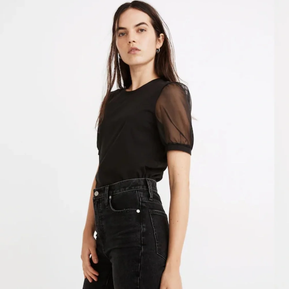 Madewell Women’s Black Sheer-Sleeve Knit Top Size Large - Picture 2 of 9